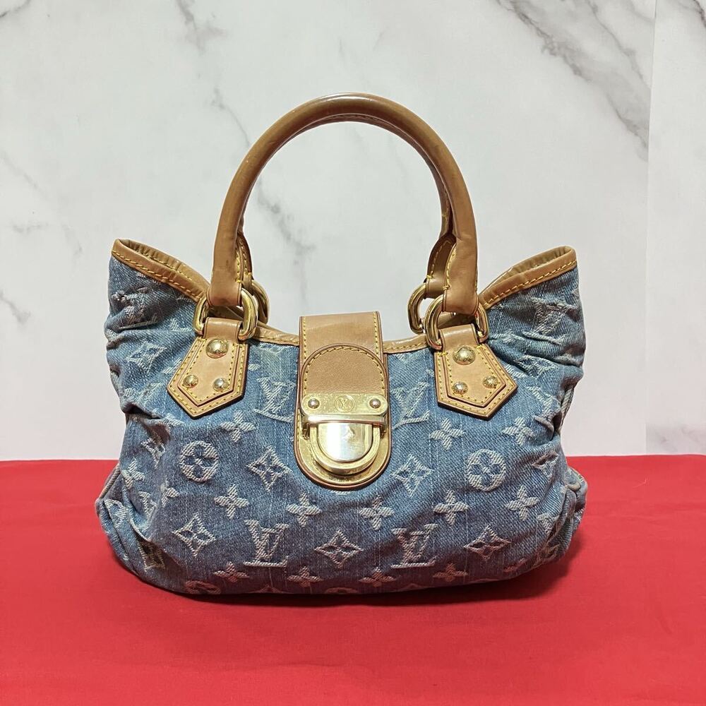 Louis Vuitton Pleaty Denim Handbag Pouch Clutch Monogram LV Blue Brown Business